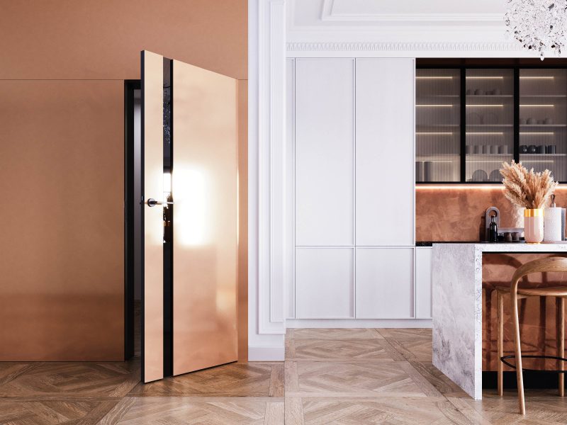 Drzwi LUKKA w HPL miedziany_zabudowa ściany_czarny Lacobel zamiast szyby (1) (1)